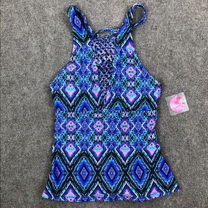 NWT Raisins Blue & Pink Geometric Racerback Tankini Swim Top Sz S (S2)
